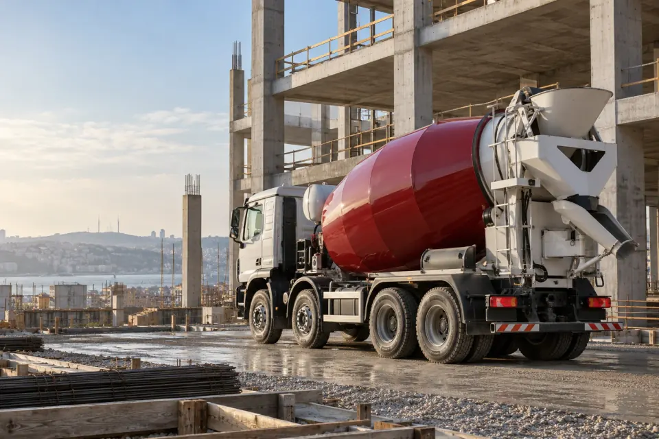 Betonarme yapı önünde kırmızı tamburlu beton mikseri; temsili şantiye görseli